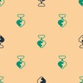 Green and black Necklace with heart shaped pendant icon isolated seamless pattern on beige background. Jewellery