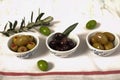 Three kind of olives and young olive branch on cloth napkin over