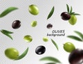 Green and black olives isolated on white background with clipping path, close-up