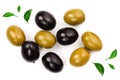 Green and black olives isolated on a white background. Top view. Flat lay Royalty Free Stock Photo