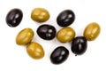 Green and black olives isolated on a white background. Top view. Flat lay Royalty Free Stock Photo