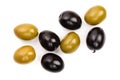 Green and black olives isolated on a white background. Top view. Flat lay Royalty Free Stock Photo