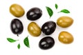 Green and black olives isolated on a white background. Top view. Flat lay Royalty Free Stock Photo