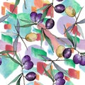 Green And Black Olives. Watercolor Background Illustration Set. Seamless Background Pattern.