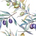 Green And Black Olives. Watercolor Background Illustration Set. Seamless Background Pattern.