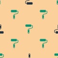 Green and black Paint roller brush icon isolated seamless pattern on beige background. Vector Illustration Royalty Free Stock Photo