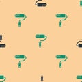 Green and black Paint roller brush icon isolated seamless pattern on beige background. Vector Illustration Royalty Free Stock Photo