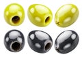 Green and black pitted olives on white background. File contains clipping paths Royalty Free Stock Photo