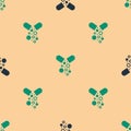 Green and black Poisoned pill icon isolated seamless pattern on beige background. Pill with toxin. Dangerous drug