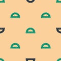 Green and black Protractor grid for measuring degrees icon isolated seamless pattern on beige background. Tilt angle
