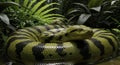 Green and Black Python Coiled in Tropical Jungle Environment Royalty Free Stock Photo