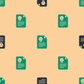 Green and black Radiation warning document icon isolated seamless pattern on beige background. Text file. Vector Royalty Free Stock Photo