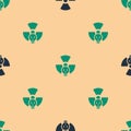 Green and black Radioactive icon isolated seamless pattern on beige background. Radioactive toxic symbol. Radiation