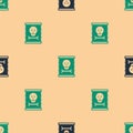 Green and black Radioactive waste in barrel icon isolated seamless pattern on beige background. Toxic refuse keg