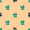 Green and black Ruined house icon isolated seamless pattern on beige background. Broken house. Derelict home. Abandoned