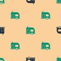 Green and black Rv Camping trailer icon isolated seamless pattern on beige background. Travel mobile home, caravan, home