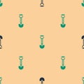 Green and black Sapper shovel for soldiers icon isolated seamless pattern on beige background. Vector