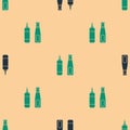 Green and black Sauce bottle icon isolated seamless pattern on beige background. Ketchup, mustard and mayonnaise bottles Royalty Free Stock Photo