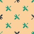 Green and black Screwdriver and wrench spanner tools icon isolated seamless pattern on beige background. Service tool