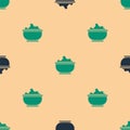 Green and black Sea salt in a bowl icon isolated seamless pattern on beige background. Vector Illustration Royalty Free Stock Photo