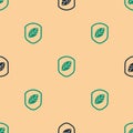 Green and black Shield with leaf icon isolated seamless pattern on beige background. Eco-friendly security shield with Royalty Free Stock Photo