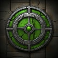 a green and black shield on a stone wall Royalty Free Stock Photo