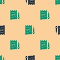 Green and black Shopping list and pencil icon isolated seamless pattern on beige background. Vector
