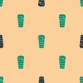 Green and black Sleeping bag icon isolated seamless pattern on beige background. Vector