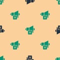 Green and black Speaker mute icon isolated seamless pattern on beige background. No sound icon. Volume Off symbol