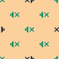 Green and black Speaker mute icon isolated seamless pattern on beige background. No sound icon. Volume Off symbol