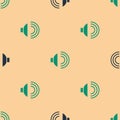 Green and black Speaker volume, audio voice sound symbol, media music icon isolated seamless pattern on beige background