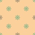 Green and black Spider web icon isolated seamless pattern on beige background. Cobweb sign. Happy Halloween party Royalty Free Stock Photo