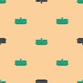 Green and black Stack of pancakes icon isolated seamless pattern on beige background. Baking with syrup and cherry Royalty Free Stock Photo