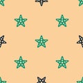 Green and black Starfish icon isolated seamless pattern on beige background. Vector Illustration