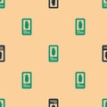Green and black Tarot cards icon isolated seamless pattern on beige background. Magic occult set of tarot cards. Vector