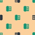 Green and black Telephone handset icon isolated seamless pattern on beige background. Phone sign. Vector Royalty Free Stock Photo