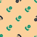 Green and black Telephone handset icon isolated seamless pattern on beige background. Phone sign. Vector Royalty Free Stock Photo