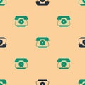 Green and black Telephone handset icon isolated seamless pattern on beige background. Phone sign. Vector Royalty Free Stock Photo