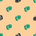 Green and black Telephone handset with security shield icon isolated seamless pattern on beige background. Phone sign Royalty Free Stock Photo