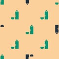 Green and black Thermos container icon isolated seamless pattern on beige background. Thermo flask icon. Camping and