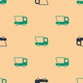 Green and black Toy truck icon isolated seamless pattern on beige background. Vector Royalty Free Stock Photo