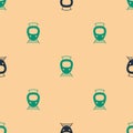 Green and black Tram and railway icon isolated seamless pattern on beige background. Public transportation symbol
