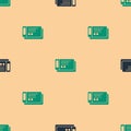 Green and black Travel ticket icon isolated seamless pattern on beige background. Train, ship, plane, tram, bus Royalty Free Stock Photo