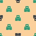 Green and black Volunteer center icon isolated seamless pattern on beige background. Vector