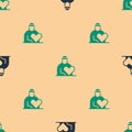 Green and black Volunteer icon isolated seamless pattern on beige background. Care, love and good heart community