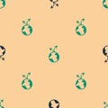 Green and black Volunteer team planting trees icon isolated seamless pattern on beige background. Represents ecological