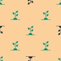 Green and black Volunteer team planting trees icon isolated seamless pattern on beige background. Represents ecological