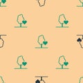 Green and black Volunteer team planting trees icon isolated seamless pattern on beige background. Represents ecological