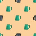 Green and black Wooden beer mug icon isolated seamless pattern on beige background. Vector Royalty Free Stock Photo