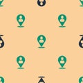 Green and black Worker location icon isolated seamless pattern on beige background. Vector